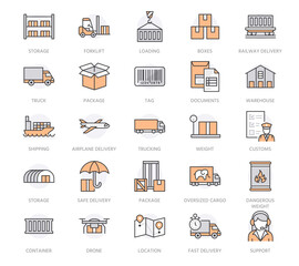 Cargo transportation flat line icons. Trucking, express delivery, logistics, shipping, customs clearance, tracking, labeling. Transport thin signs for freight services. Orange color. Editable stroke