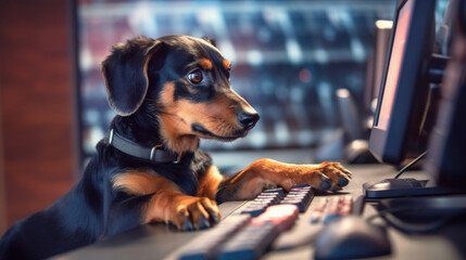 A smart and focused Dachshund dog sits in a room, attentively operating a computer, showcasing intelligence and adaptability generated ai.