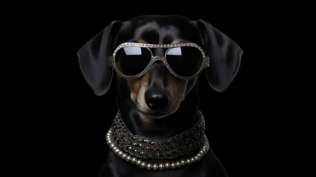 A cool dachshund dog rocks stylish glasses, exuding a fun and trendy vibe against a sleek black background generated ai.