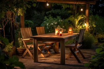 Fototapeta na wymiar Wooden table chairs backyard. Generate Ai