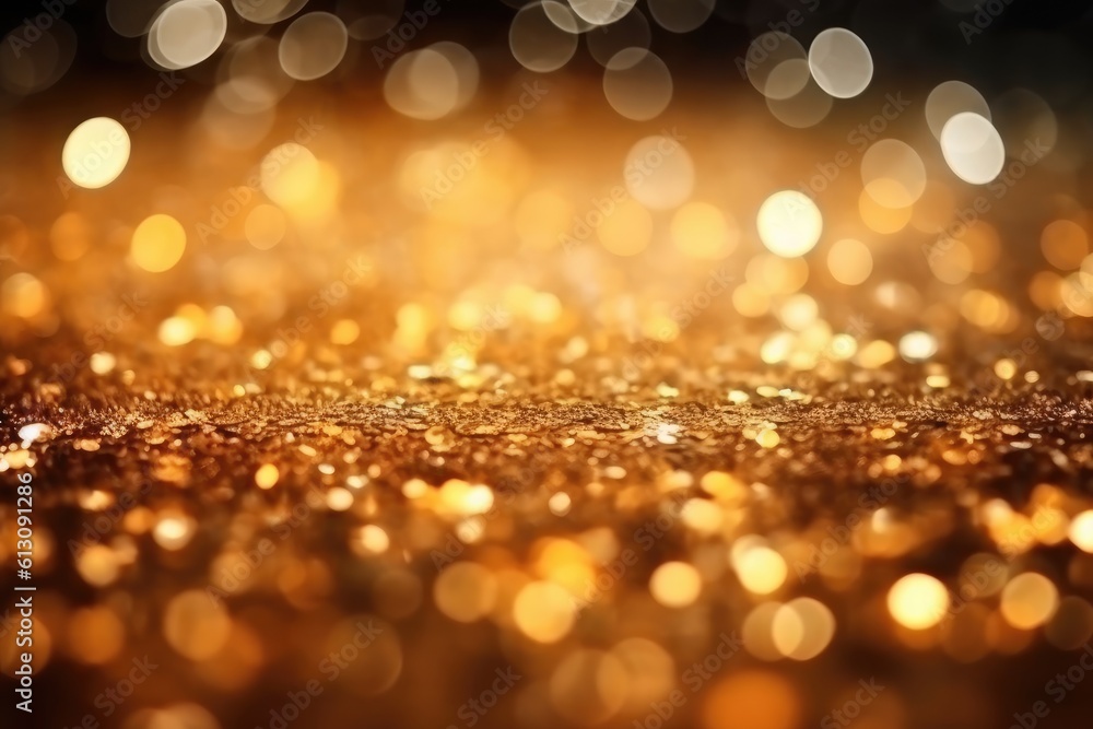 Poster golden glitter sparkles as glamour bokeh background. generative ai