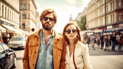 Berlin's vibrant streets, a backdrop for a radiant couple, their laughter echoing the city's spirit, a perfect summer day captured. Street Photography. Generative AI