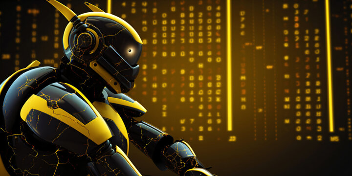 modern robot works against yellow data background