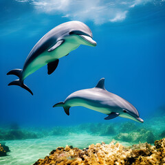 Beautiful under water view of dolphins in the ocean. (AI-generated fictional illustration)