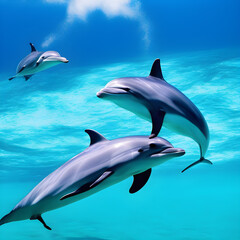 Obraz na płótnie Canvas Beautiful under water view of dolphins in the ocean. (AI-generated fictional illustration)