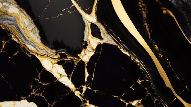 Luxury Black Marble stone with gold lines background texture. Slow panoramic camera motion, macro with deep focus (blur). High detailed 4K video.  Pattern texture surface panning background. 