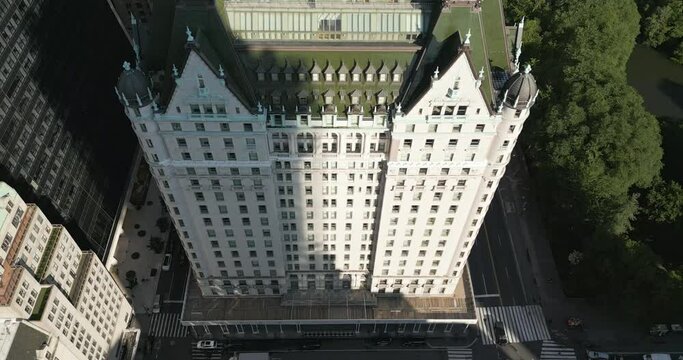 Drone shot of Plaza Hotel at 5th Avenue, Manhattan, New York City, USA