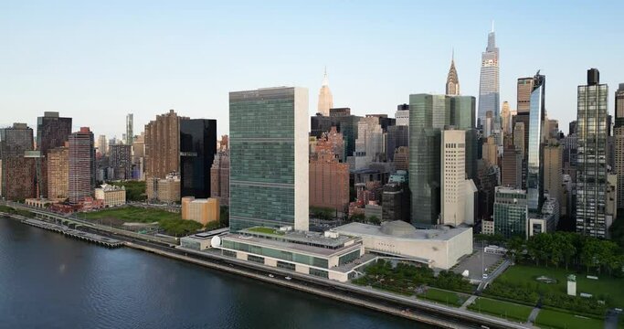 Aerial view of United Nations Headquarter in Manhattan, New York City, USA