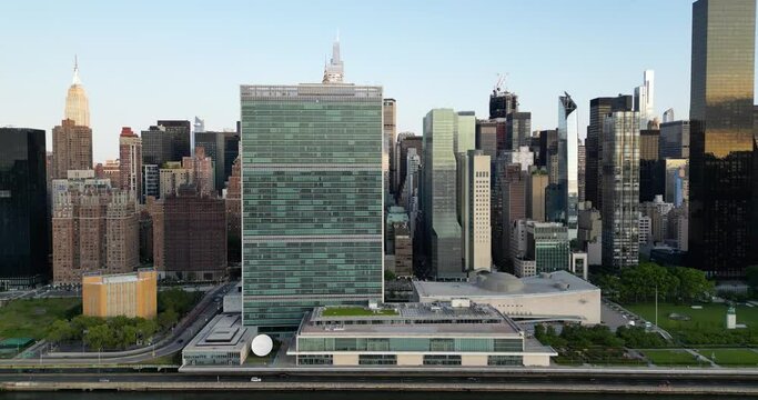 Drone shot of United Nations Headquarter in Manhattan, New York City, USA
