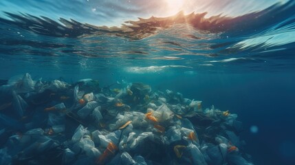 A lot of old plastic and plastic bags in ocean. environmental protection concept. Generetive AI