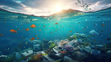 Fototapeta na wymiar Garbage and fishs in ocean. Environment concept. environmental protection concept. Generetive AI