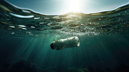 Old plastic bottle in ocean. environmental protection concept. Generetive AI