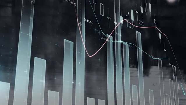 Animation of multiple graphs with negative numbers over time-lapse of people walking on street