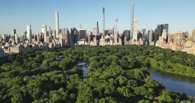 Drone shot of Central Park and Billionaires' Row in New York City, USA