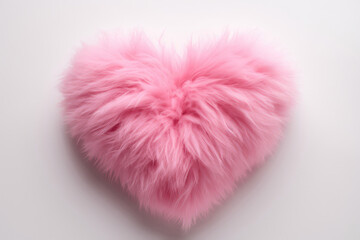 Pink Fur Heart On White Background. Generative AI
