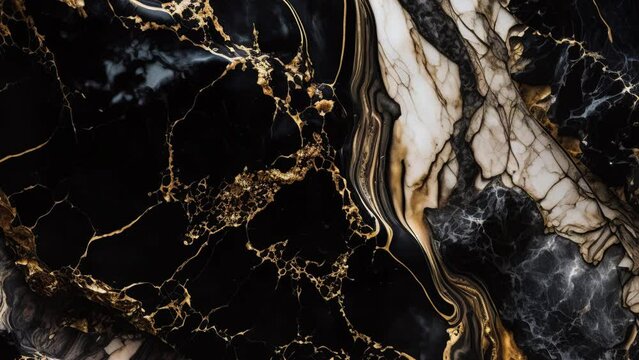 Luxury Black Marble stone with gold lines background texture. Slow panoramic camera motion, macro with deep focus (blur). High detailed 4K video.  Pattern texture surface panning background. 