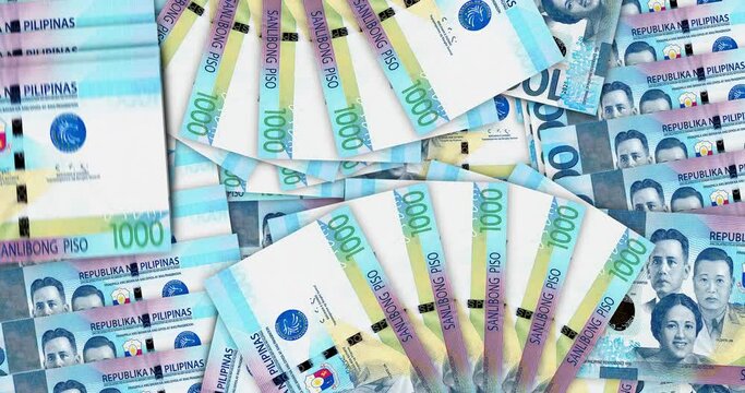 Philippines Peso banknotes in a cash fan mosaic pattern loop. Philippine Pesos PHP money notes. Abstract concept of bank, finance, economy seamless and looped decorative design background.