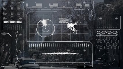 Animation of radar, loading bars, dna helix ang globe over tram moving on street