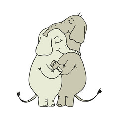African Elephants Hugging isolated on transparent background. World Hug Day. Children's drawing. Elephant hand drawn. Vector illustration.