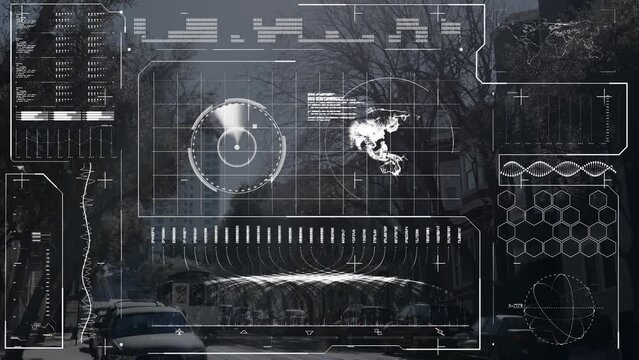 Animation of radar, loading bars, dna helix ang globe over tram moving on street