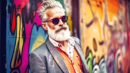 Fototapeta na wymiar Street Photography of Stylish senior hipster, a summer day in Berlin. Adjusts vintage sunglasses, graffiti backdrop adding vibrant contrast. Generative AI