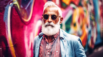 Fototapeta premium Street Photography of Stylish senior hipster, a summer day in Berlin. Adjusts vintage sunglasses, graffiti backdrop adding vibrant contrast. Generative AI
