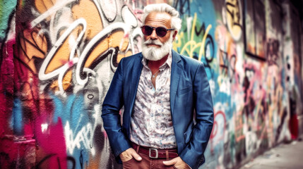Obraz na płótnie Canvas Street Photography of Stylish senior hipster, a summer day in Berlin. Adjusts vintage sunglasses, graffiti backdrop adding vibrant contrast. Generative AI