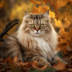 Naklejka na ściany i meble Majestic Siberian Cat on Bed of Autumn Leaves