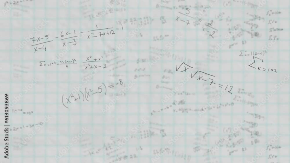 Poster animation of falling mathematical equation over grid pattern against white background