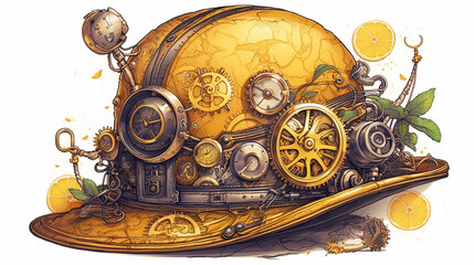 oranges and lemons, enginer, generative, ai, steampunk, background, hat