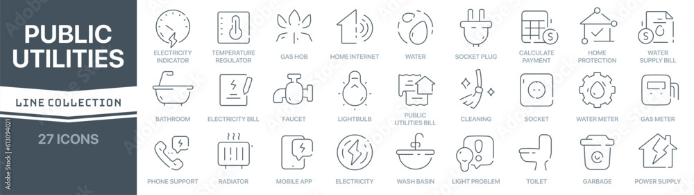 Poster Public utilities linear signed icon collection. Signed thin line icons collection. Set of public utilities simple outline icons