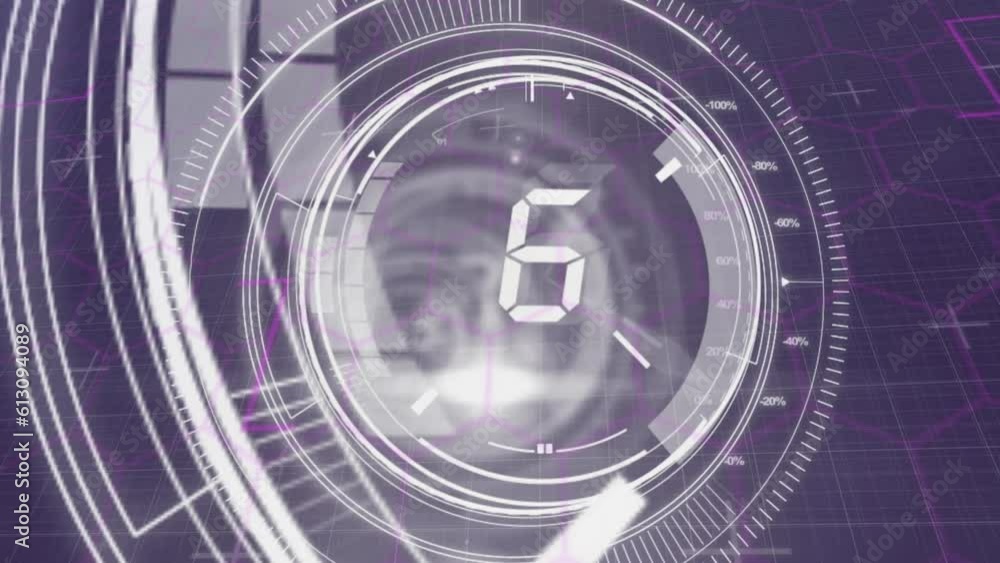 Poster animation of changing numbers in circles over lens flares against grid pattern in background