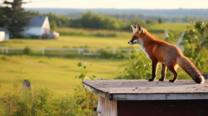 a fox in search of food wanders around the farm near the chicken coop. Generative AI
