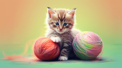 Fototapeta na wymiar An adorable image of a kitten playing with a ball of yarn, evoking the playful and mischievous nature of cats on International Cat Day Generative AI