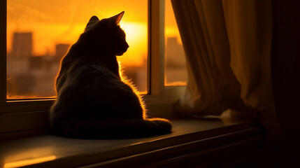 A captivating silhouette of a cat perched on a windowsill, framed by a golden sunset, portraying the serene and independent spirit of cats Generative AI