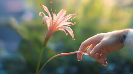 An artistic image of a cat's paw reaching out to touch a delicate flower, representing the gentle and curious nature of cats on International Cat Day Generative AI