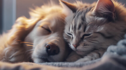 A heartwarming photograph of a cat and a dog peacefully cuddling together, symbolizing the potential for harmony between different animals on International Cat Day Generative AI