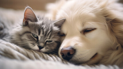 A heartwarming photograph of a cat and a dog peacefully cuddling together, symbolizing the potential for harmony between different animals on International Cat Day Generative AI