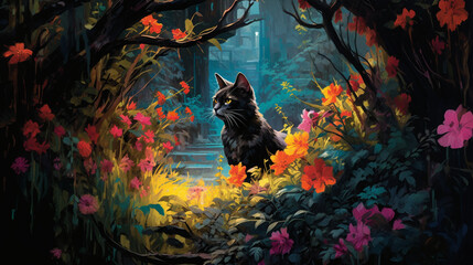 An atmospheric picture of a cat exploring a lush garden, surrounded by blooming flowers and vibrant greenery, embracing their innate curiosity Generative AI