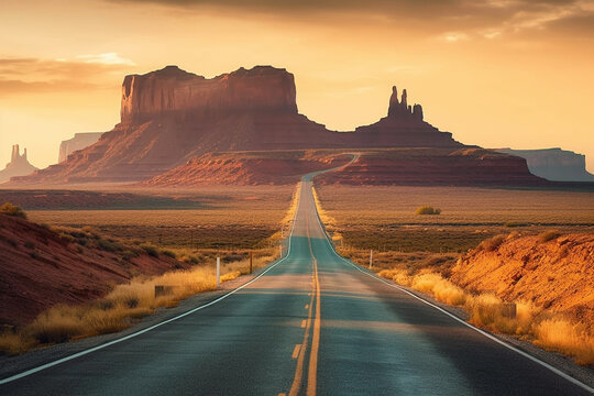 Beautiful road in USA west route via desert with mountains on background