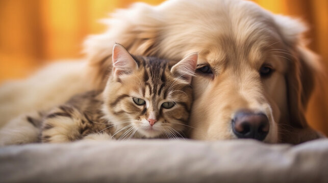 A heartwarming photograph of a cat and a dog peacefully cuddling together, symbolizing the potential for harmony between different animals on International Cat Day Generative AI