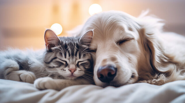 A heartwarming photograph of a cat and a dog peacefully cuddling together, symbolizing the potential for harmony between different animals on International Cat Day Generative AI