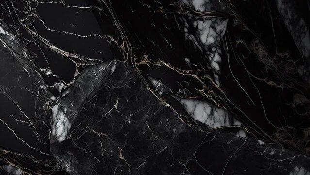 Luxury Black Marble stone with gold lines background texture. Slow panoramic camera motion, macro with deep focus (blur). High detailed 4K video.  Pattern texture surface panning background. 