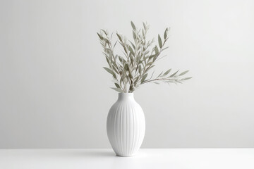 Sprigs Of Willow In White Vase On White Background. Empty Space. Generative AI