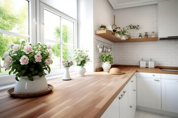 Fototapeta na wymiar Wooden Countertop Against Defocused White Kitchen. Generative AI