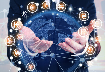 Money exchange. Double exposure with digital planet surrounded by different currency symbols and...
