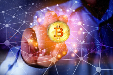 Multiple exposure of businessman with bitcoin, schemes and night cityscape
