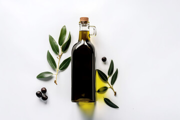 Generative AI.Olives and olive oil in white bowl with bottle of olive oil on white background. Mockup for package. Copy space.