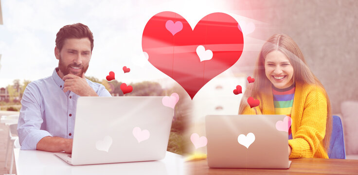 Man and woman chatting on dating site indoors, banner design. Many hearts between them - Powered by Adobe