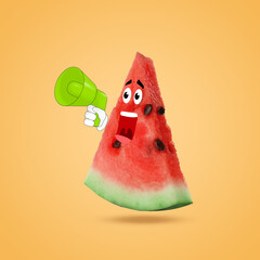 Creative artwork. Watermelon shouting in loudspeaker. Slice of fruit with drawings on light orange...